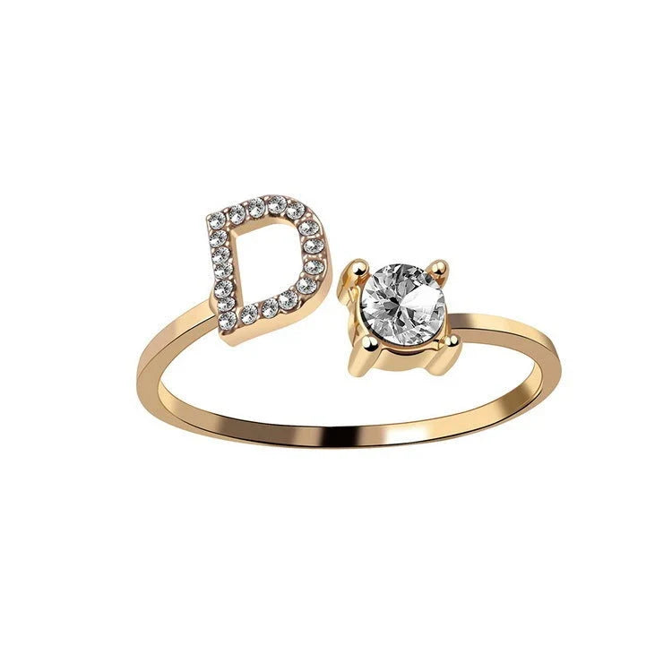 Customizable adjustable ring with 26 letters for women, featuring zircon stones and copper alloy construction