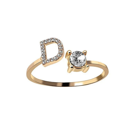 Customizable adjustable ring with 26 letters for women, featuring zircon stones and copper alloy construction