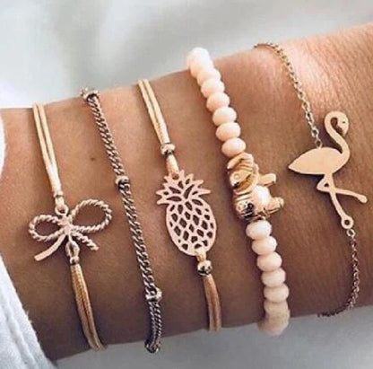 Bead Chain Bracelet Set featuring star and moon design in alloy material