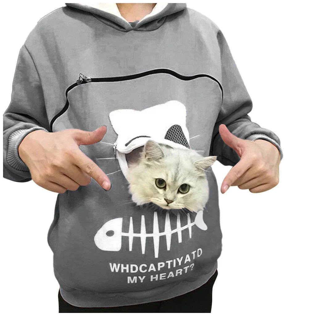 A stylish hooded jumper with a unique cat-themed pocket design, made from premium cotton fabric.