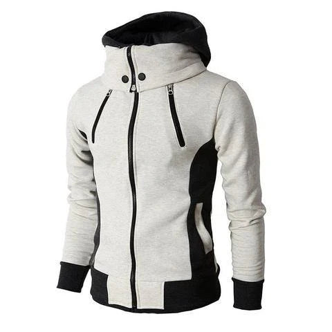 Men's zip-up hooded jacket with touchscreen functionality, available in light grey, white, dark grey, and beige white colors