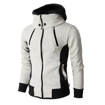 Men's zip-up hooded jacket with touchscreen functionality, available in light grey, white, dark grey, and beige white colors