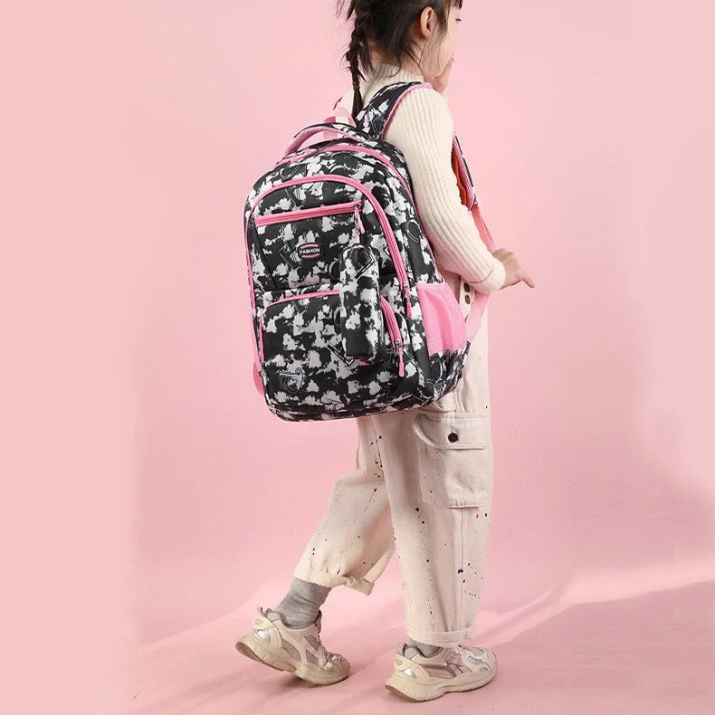 Letter print backpack with pencil case for primary school students in various colours