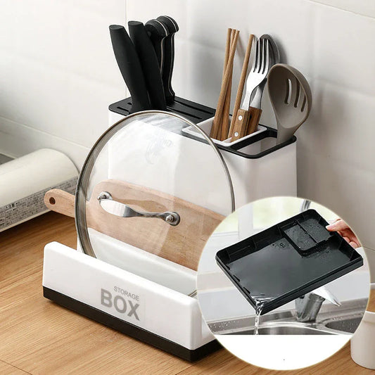 Convenient kitchen organizer with integrated storage shelves for tableware and knives