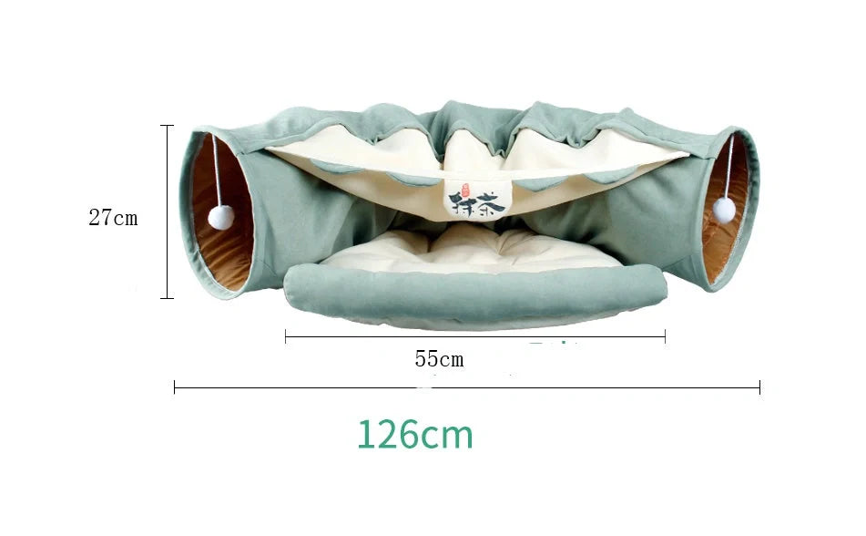Collapsible cat tunnel with mat for interactive play and rest, available in multiple colours