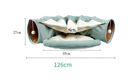 Collapsible cat tunnel with mat for interactive play and rest, available in multiple colours