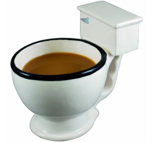 Toilet-shaped ceramic mug with handgrip, perfect for coffee or tea, holding 280ml.