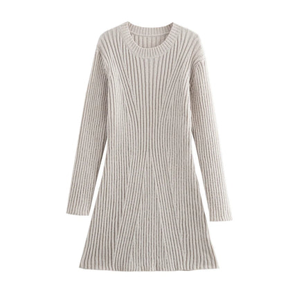 Stylish ribbed knitted dress for women in various colours, featuring a slim fit and stand-up collar.