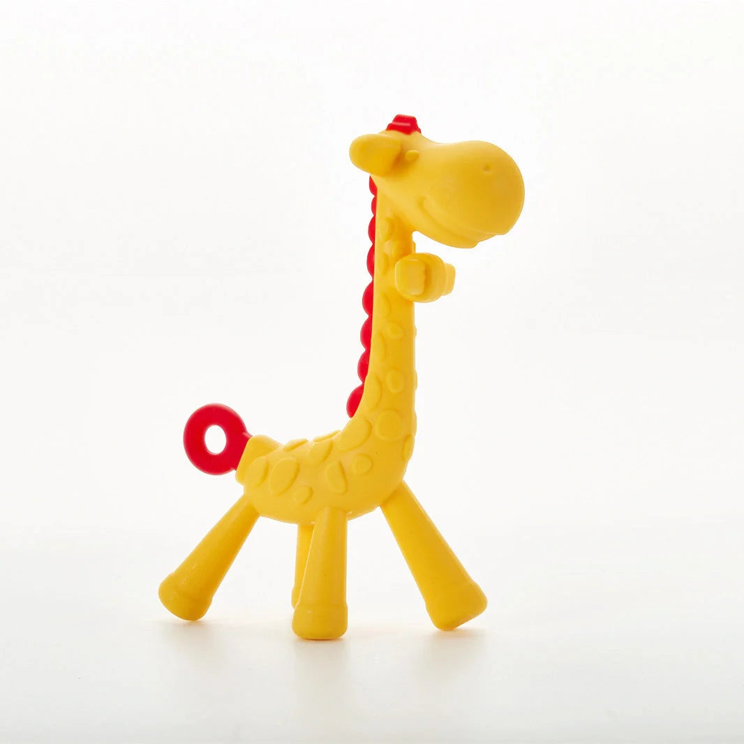 Premium baby giraffe teething toy made of soothing silicone with multiple chewable parts for soothing sore gums during teething