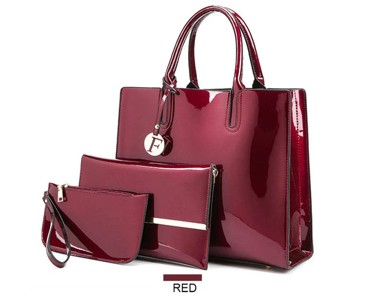 3 sets of leather handbags in various colors with zipper closure and cell phone pocket