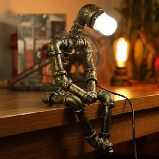 Vintage Industrial Table Lamp with Retro Water Pipe Design in Green Bronze Finish