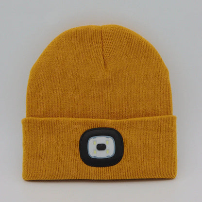 LED Knit Hat with built-in light for night visibility, made from 100% wool