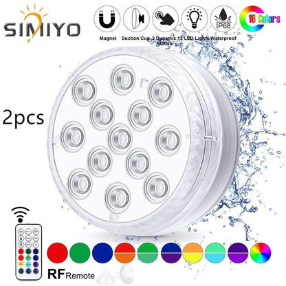 Wireless submersible LED lights with remote control, perfect for pools, spas, and outdoor decor