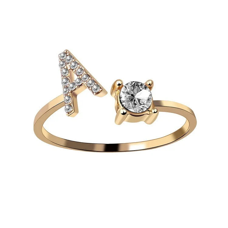 Customizable adjustable ring with 26 letters for women, featuring zircon stones and copper alloy construction