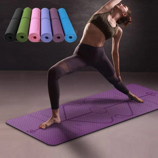 Non-slip TPE yoga mat with position lines for beginners, available in multiple colors