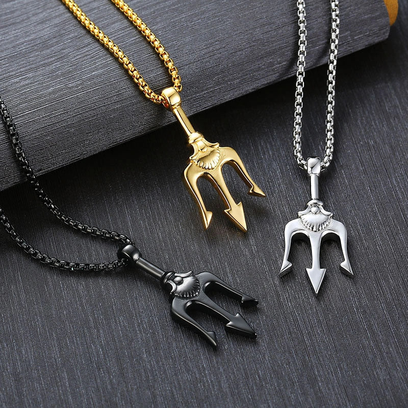 Men's Poseidon Trident Pendant Necklace in titanium steel, available in three colours.