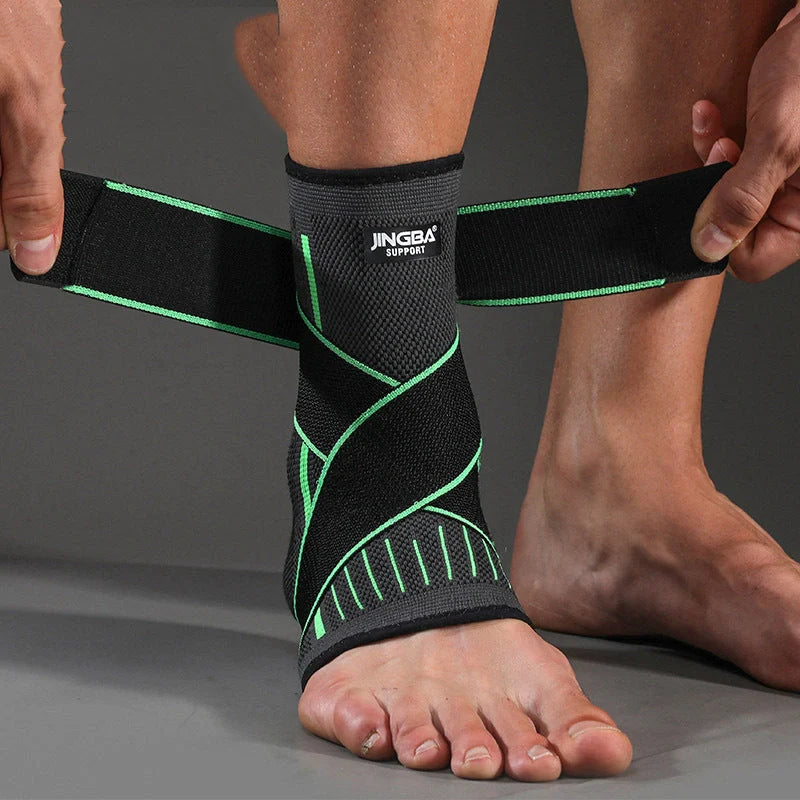 Sports compression ankle protector in black, green, and orange colours