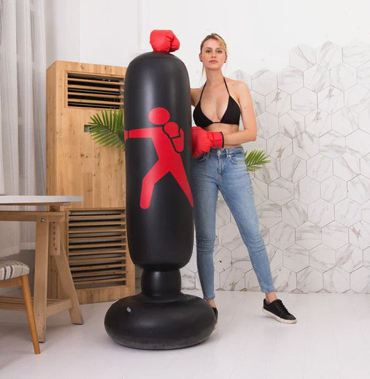 Premium inflatable freestanding boxing punch bag with durable PVC construction, reinforced double-cap seal, and large suction chassis for stable home workouts.
