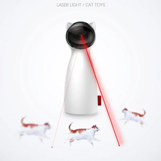 A white, automatic LED laser cat toy that provides endless entertainment for felines by engaging their natural hunting instincts.