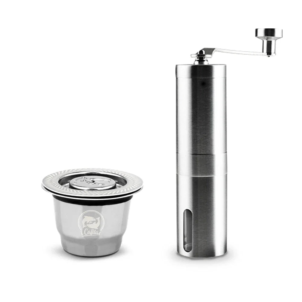 Premium stainless steel coffee capsule holder with integrated tamper for easy organization and perfect espresso extraction