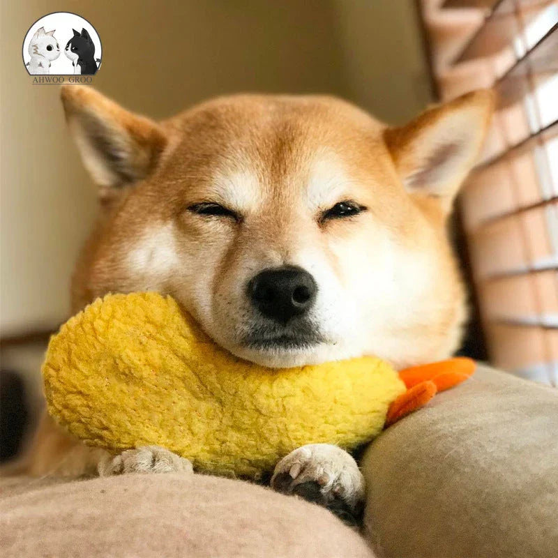 Adorable plush fried shrimp tempura squeaky dog toy for chewing, dental care, and anxiety relief