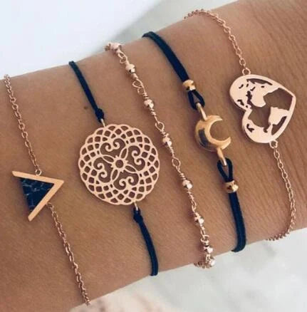 Bead Chain Bracelet Set featuring star and moon design in alloy material