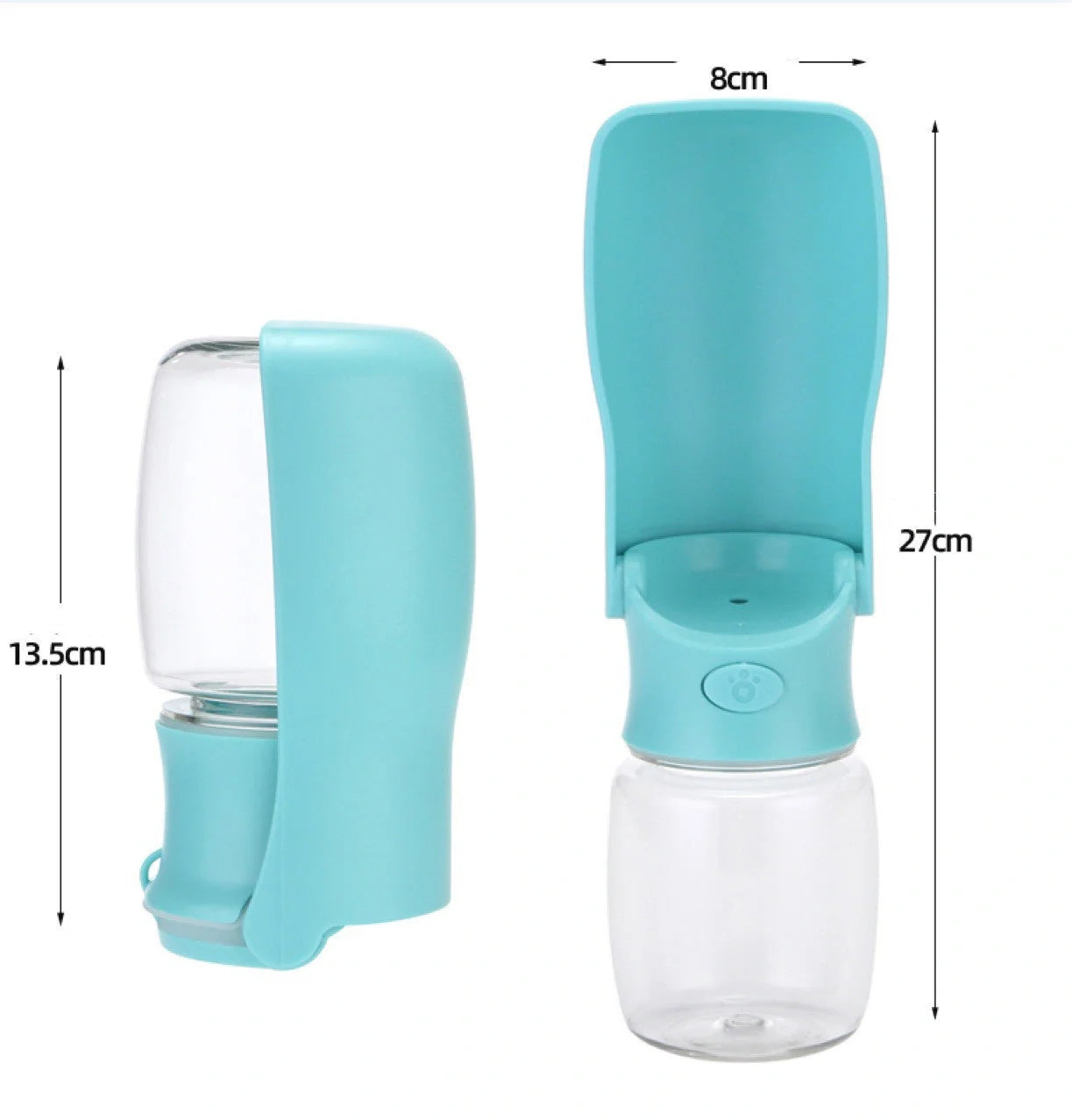 Foldable dog water bottle in blue, white, and pink, perfect for outdoor adventures with your pet.
