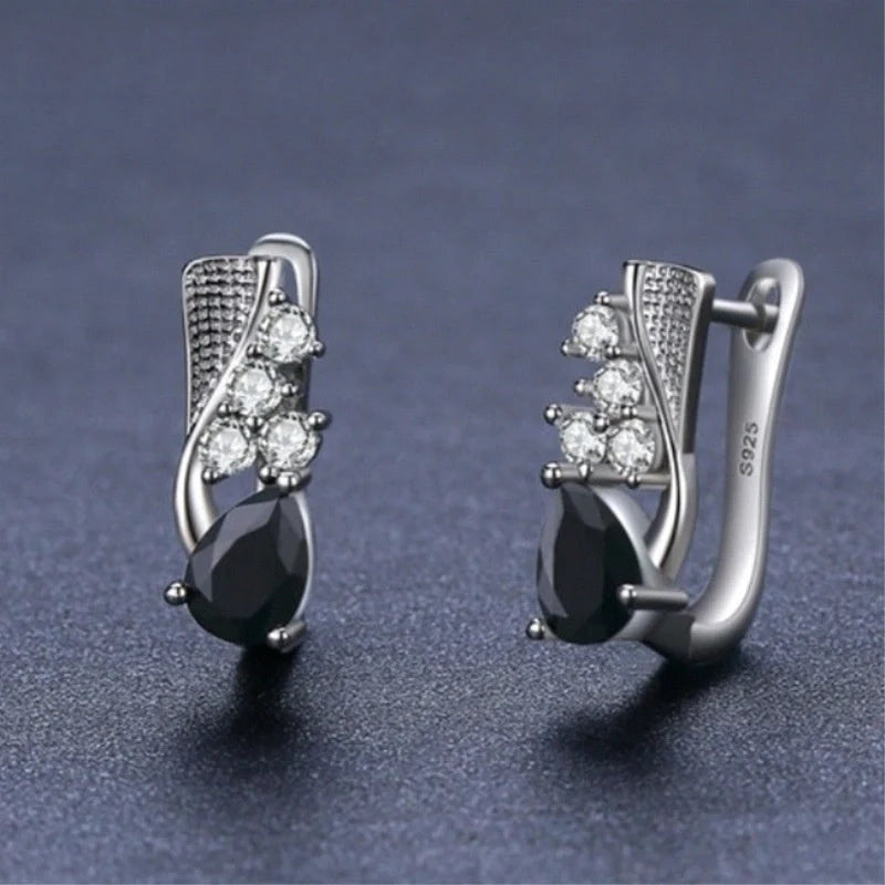 Korean style black drop-shaped earrings with micro rhinestone detailing
