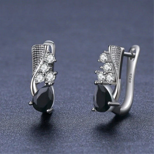 Korean style black drop-shaped earrings with micro rhinestone detailing