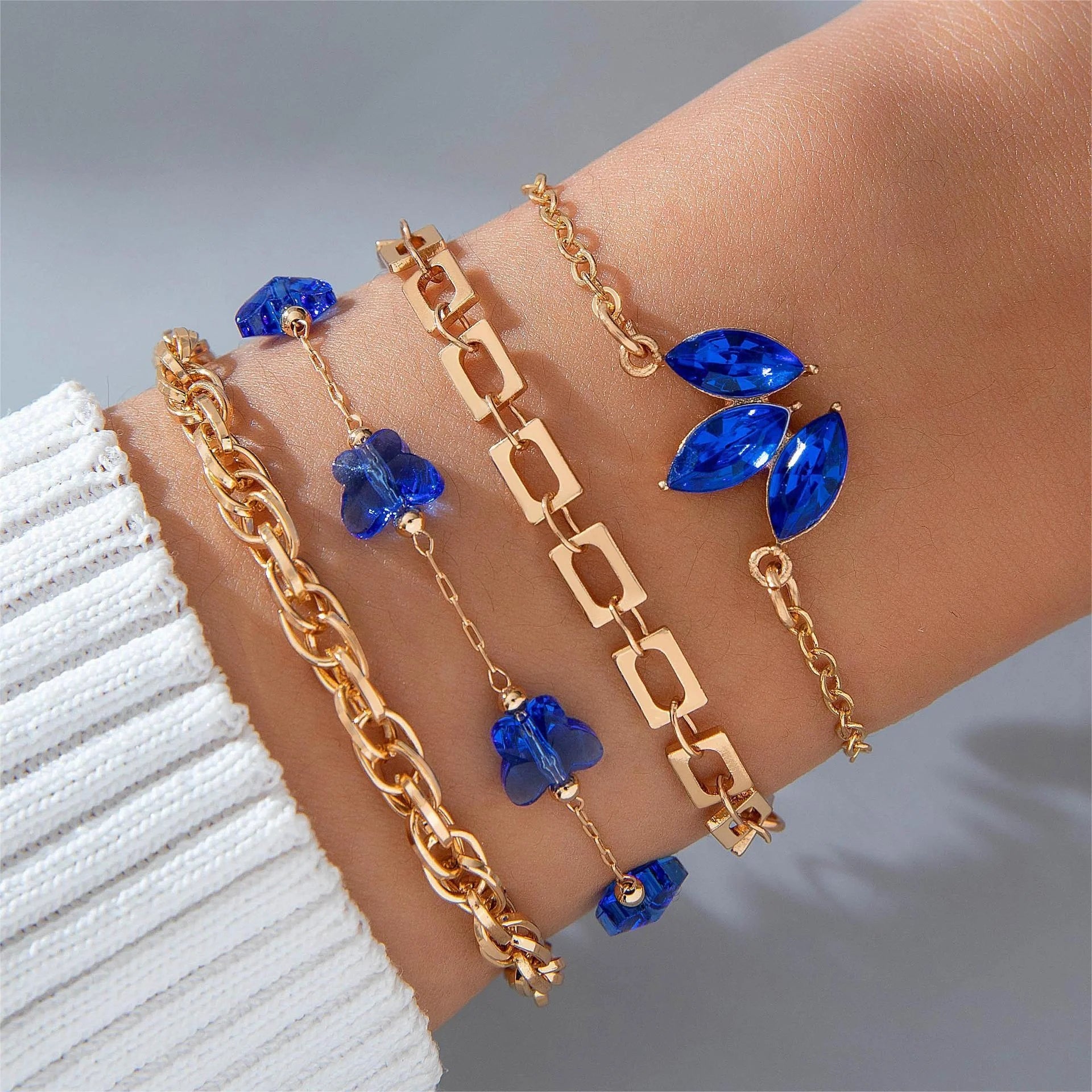 4-piece Blue Flower Love Butterfly Bracelet Set with Rhinestones for Valentines Day