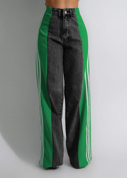 Stylish high-waist denim pants with patchwork details, available in a range of trendy color combinations