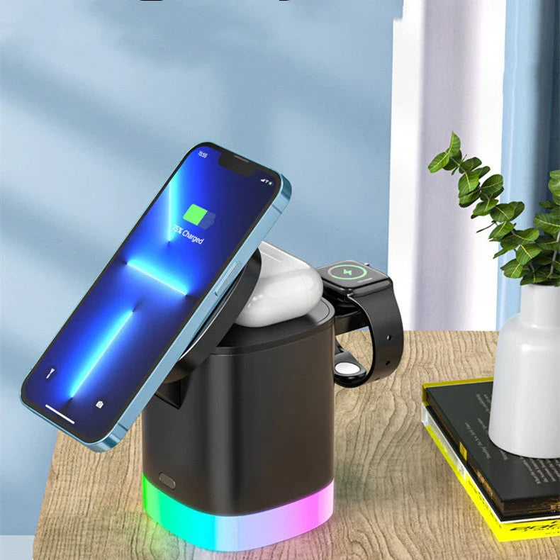 3-in-1 wireless charging station with RGB ambient lighting for smartphones, smartwatches, and wireless earbuds