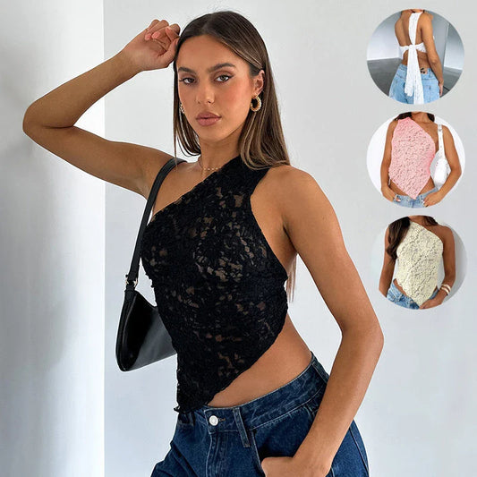 Chic backless lace top in various colors, featuring a unique design, slim fit, and breathable polyester fabric for effortless summer style.