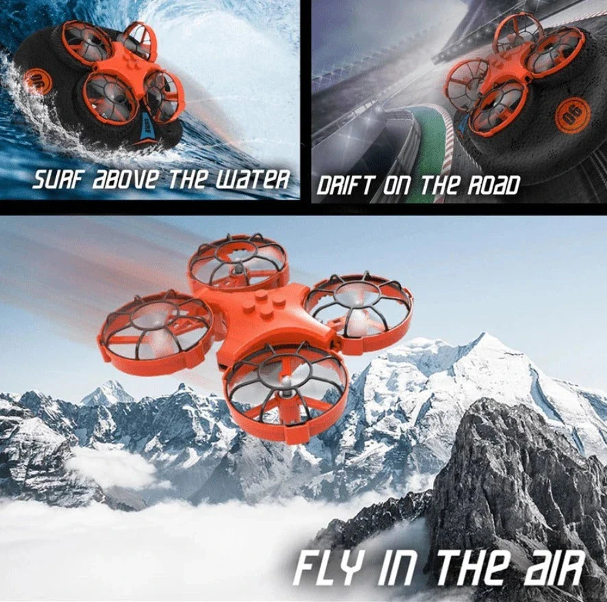 Versatile 3-in-1 RC Hovercraft Drone that can fly, glide on land, and cruise on water with intuitive controls and long-lasting battery life