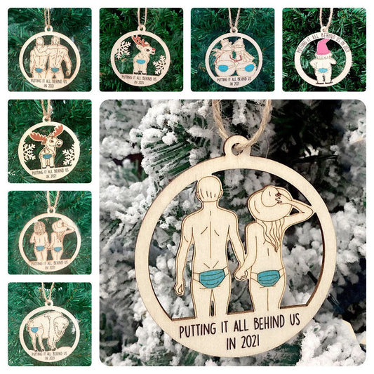 Wooden Hollowed-out Christmas Tree Pendant with snowman and deer design