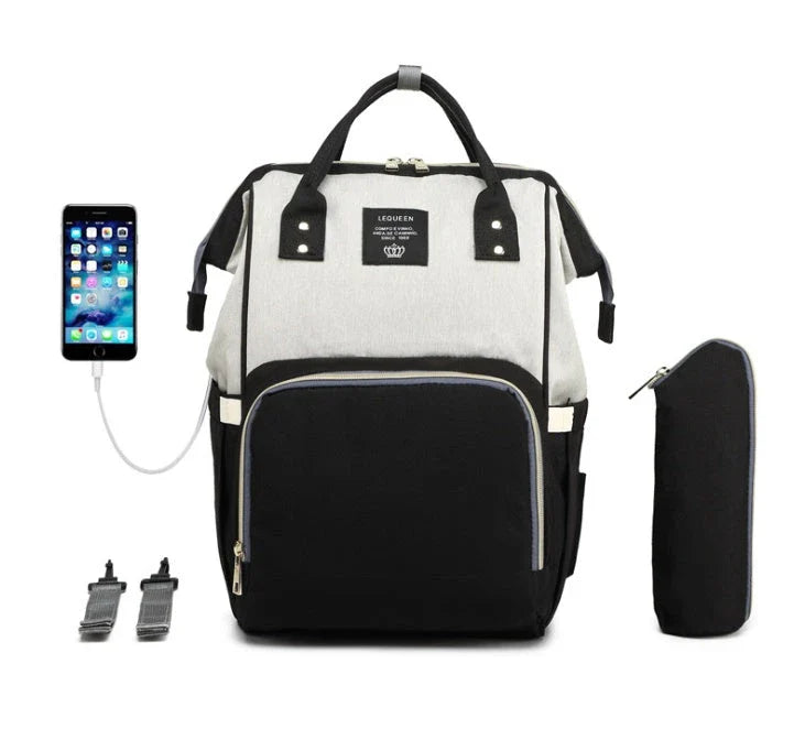 Premium mummy backpack in a range of stylish colours, featuring dedicated compartments for bottles, nappies and personal items.