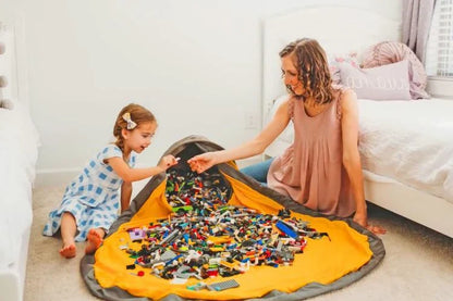 Canvas toy storage basket with rollout play mat, available in various colours and sizes