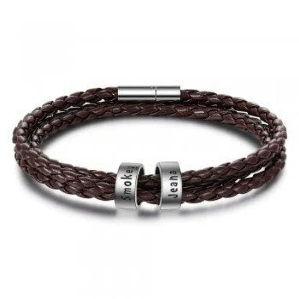 Personalized Leather Bracelet with Engraved Name Charm in Black and Brown Colors