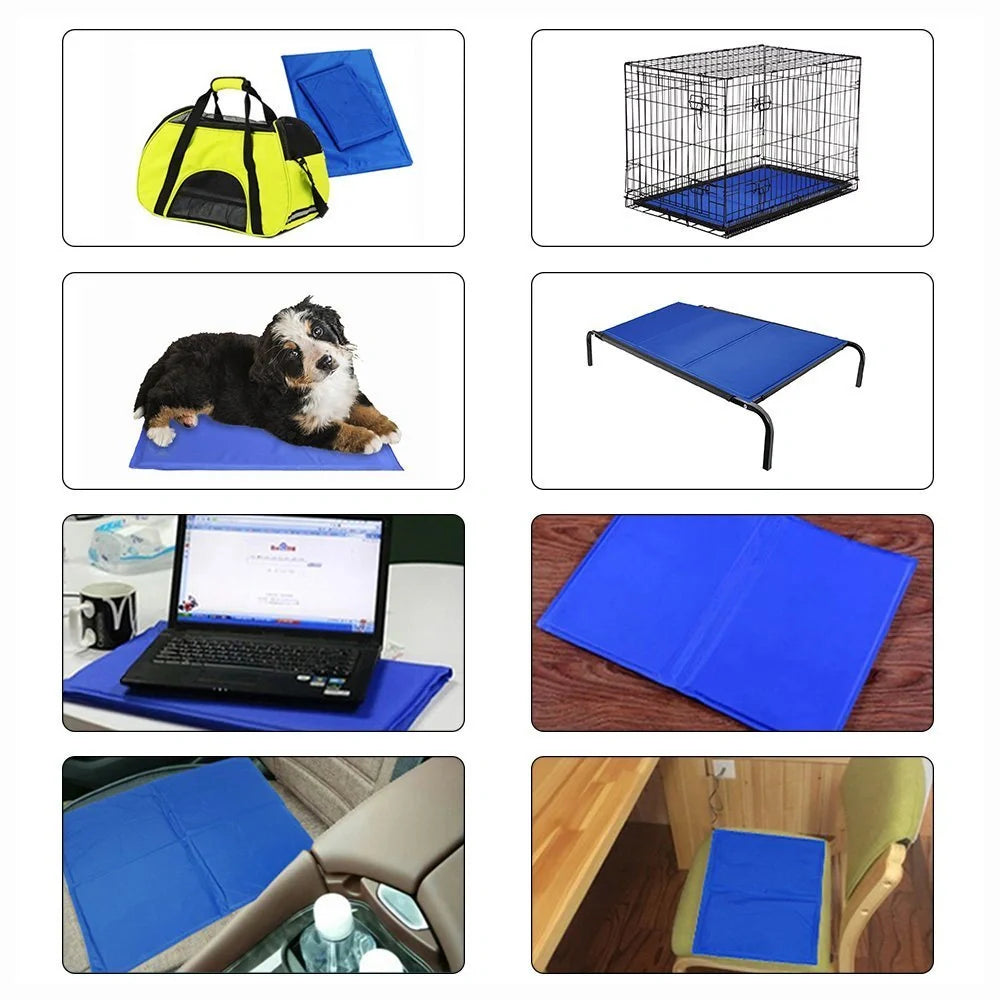 Blue dog cooling mat with pressure-activated ice crystal technology for summer use