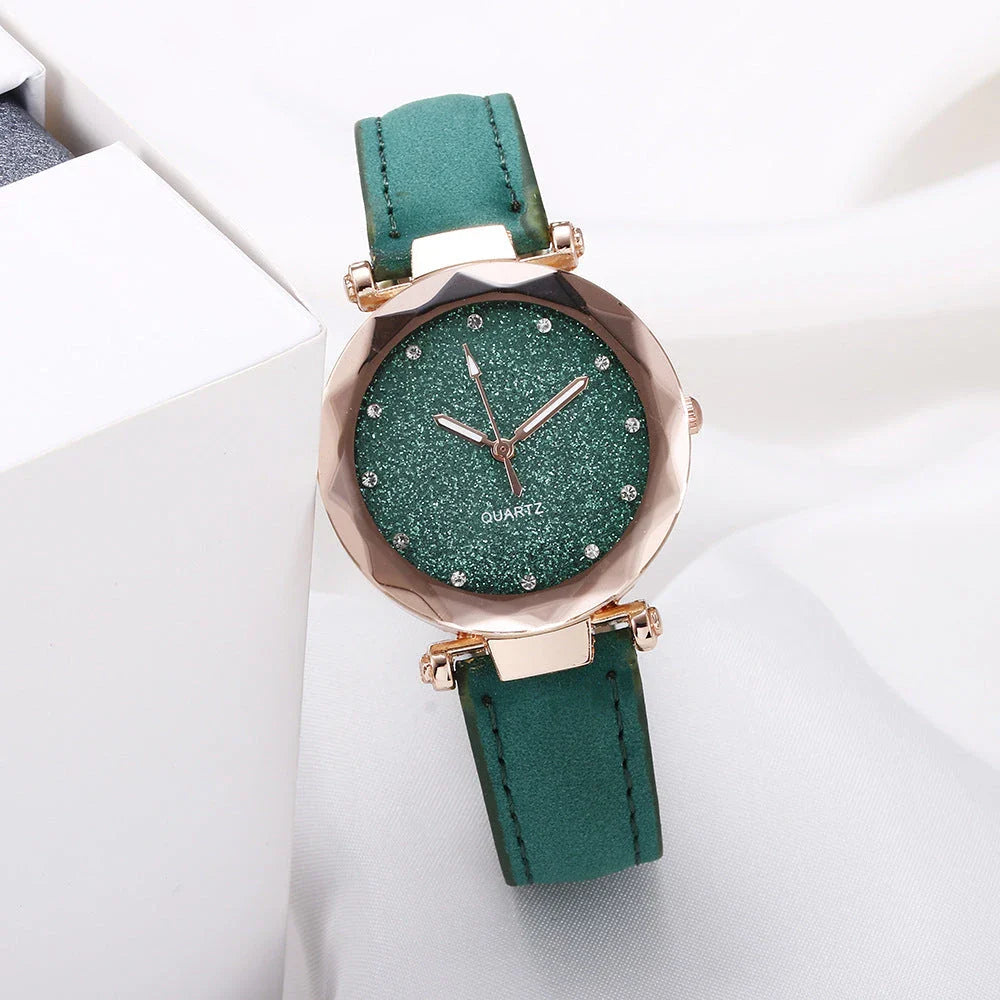 Stylish and versatile starry-patterned watch with a sleek case and comfortable leather strap, available in a variety of captivating colors
