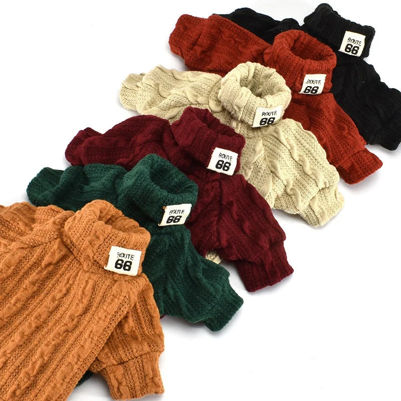 Dog wearing a warm acrylic turtleneck sweater in various colours, suitable for small to medium breeds.