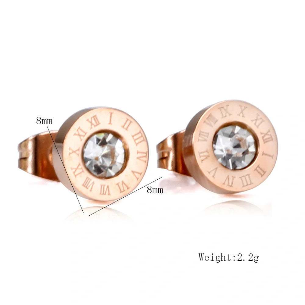 Elegant titanium steel earrings with Roman numeral design and diamond studs
