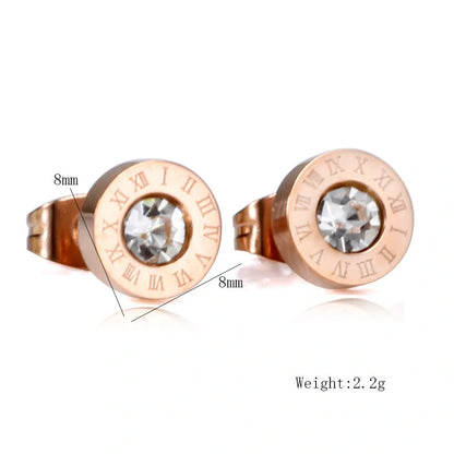 Elegant titanium steel earrings with Roman numeral design and diamond studs