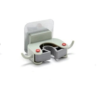 Adhesive wall-mounted mop and broom holder with double hooks for storing cleaning tools, available in multiple colors.