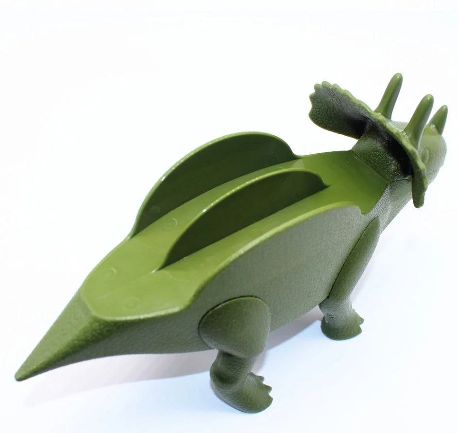 Dinosaur-shaped plastic taco holder in green, pink, or army green
