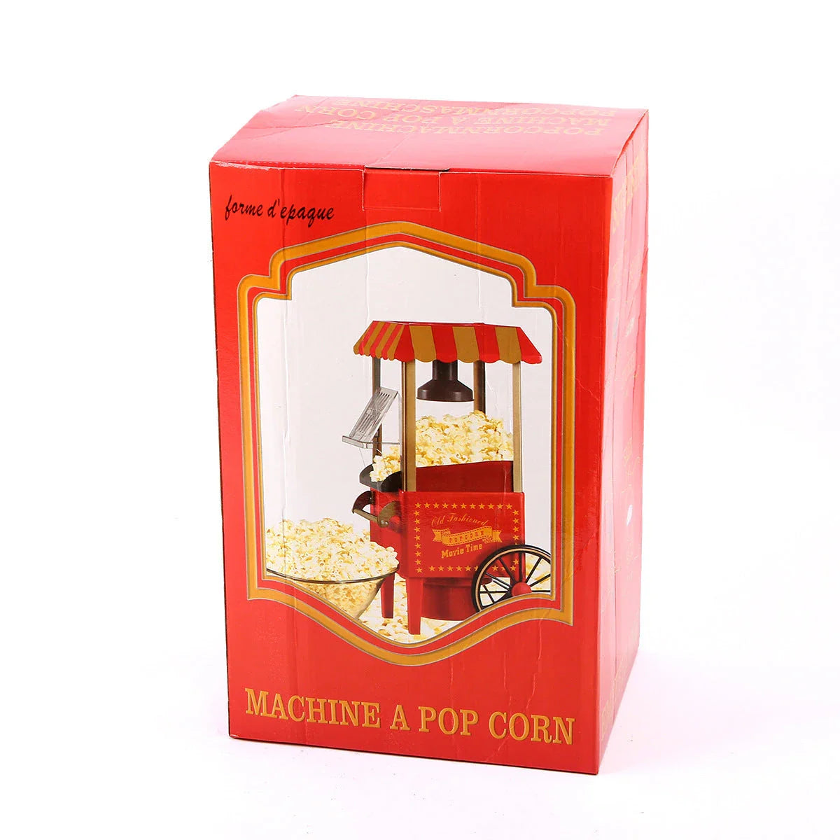 Retro-style popcorn maker with a classic car-inspired design, featuring a hot air popping mechanism for healthier, oil-free popcorn
