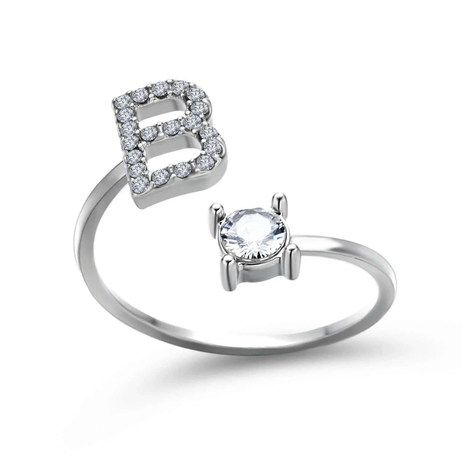 Customizable adjustable ring with 26 letters for women, featuring zircon stones and copper alloy construction