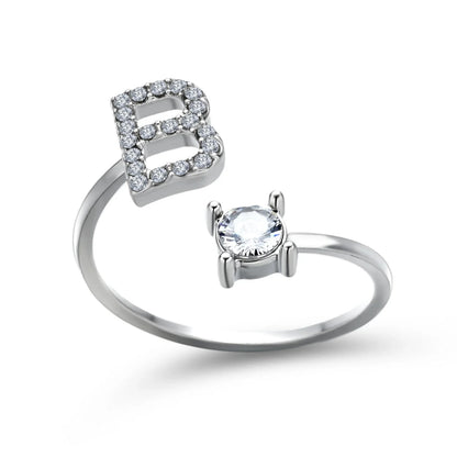 Customizable adjustable ring with 26 letters for women, featuring zircon stones and copper alloy construction