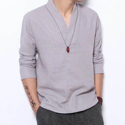 Stylish men's long-sleeved linen shirt with Mandarin collar in a range of sophisticated colours