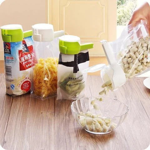 Premium food preservation clip with airtight seal and wide pouring spout to keep snacks fresh